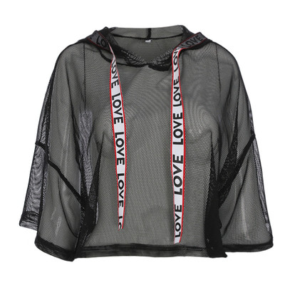  Γυναικείο απαλό διαφανό μπλουζάκι με κουκούλα