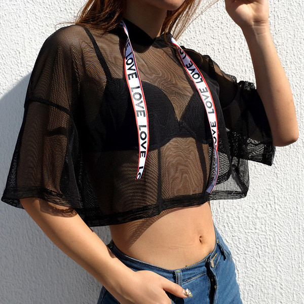  Γυναικείο απαλό διαφανό μπλουζάκι με κουκούλα