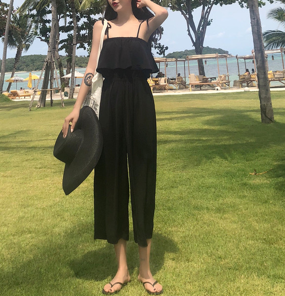 Salopetă elegantă pentru femei 7/8, cu talie elastică înaltă și bretele subțiri