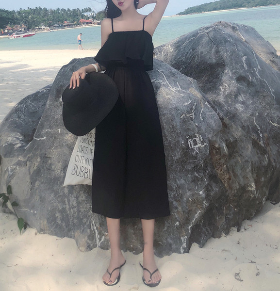 Salopetă elegantă pentru femei 7/8, cu talie elastică înaltă și bretele subțiri