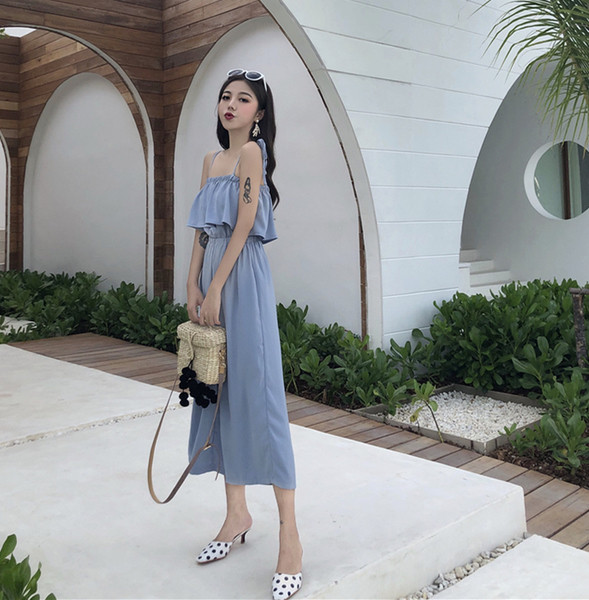 Salopetă elegantă pentru femei 7/8, cu talie elastică înaltă și bretele subțiri