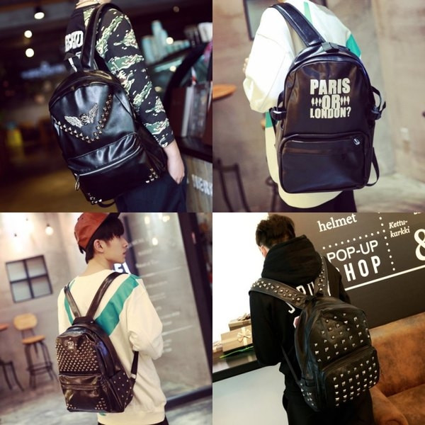 Rucsac modern pentru bărbați din piele ecologică cu broderie și nituri metalice