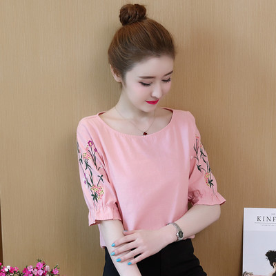 Γυναικείο πουκάμισο με κοντό μανίκι και κεντήματα σε διάφορα χρώματα