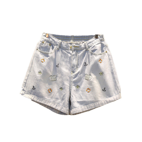 Pantaloni scurți moderni din denim marimea MAXI de culoare deschisa cu broderie