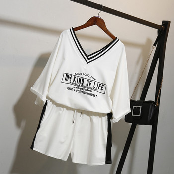 Летен дамски комплект - къси панталони и тениска, в бял и черен цвят