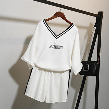 Летен дамски комплект - къси панталони и тениска, в бял и черен цвят