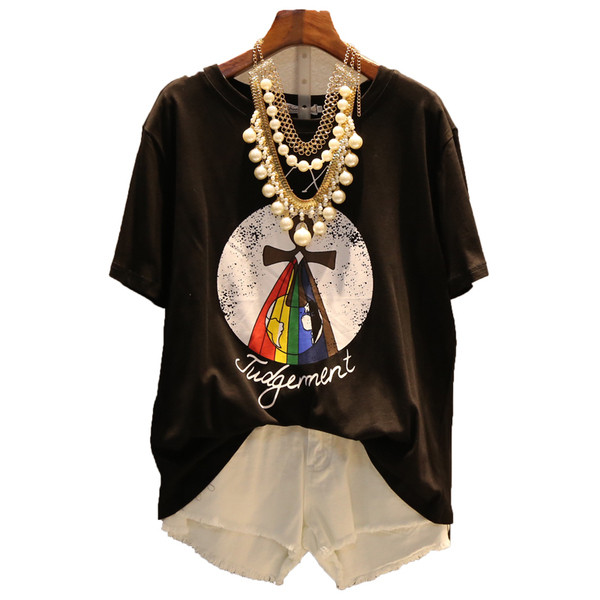 Γυναικεία T-shirt μεγέθους MAXI με εφαρμογή σε λευκό και μαύρο χρώμα - ευρύ μοτίβο