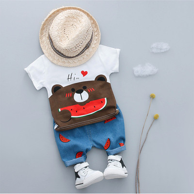 Baby set for boys in two parts - blouse with short sleeves and short jeans with teddy bear applique