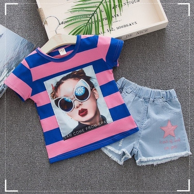 Βρεφικό σετ για κορίτσια  - μπλούζα με κοντό μανίκι και παντελόνια  denim σε δύο χρώματα