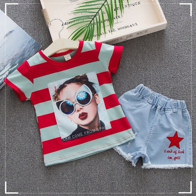 Βρεφικό σετ για κορίτσια  - μπλούζα με κοντό μανίκι και παντελόνια  denim σε δύο χρώματα