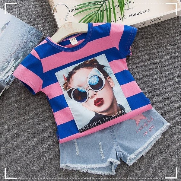 Βρεφικό σετ για κορίτσια  - μπλούζα με κοντό μανίκι και παντελόνια  denim σε δύο χρώματα