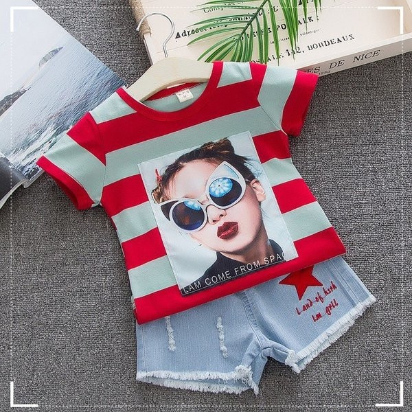 Βρεφικό σετ για κορίτσια  - μπλούζα με κοντό μανίκι και παντελόνια  denim σε δύο χρώματα