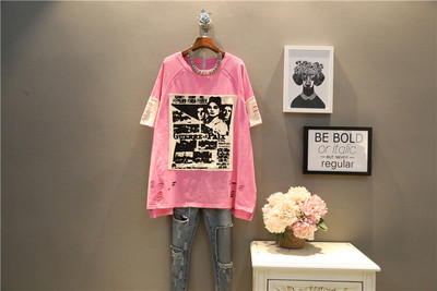 Γυναικεία φαρδιά μπλούζα T-shirt MAXI σε τρία χρώματα με εφαρμογή και μανίκι 3/4