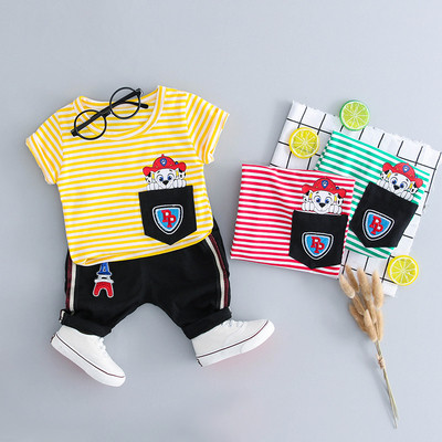 Бебешки комплект за момчета от две части-тениска на райе и панталон в три цвята