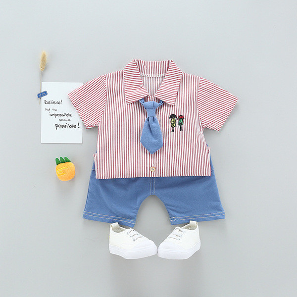 Παιδική φόρμα για αγόρια δύο τεμαχίων - πουκάμισο με κοντό μανίκι και παντελόνι σε τρία χρώματα