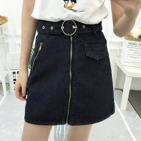 Μοντέρνα φούστα denim σε τρία χρώματα με φερμουάρ και ζώνη