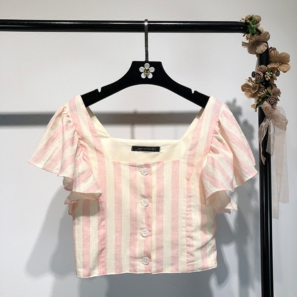 Rövid csíkos női póló vágott rövid ujjal