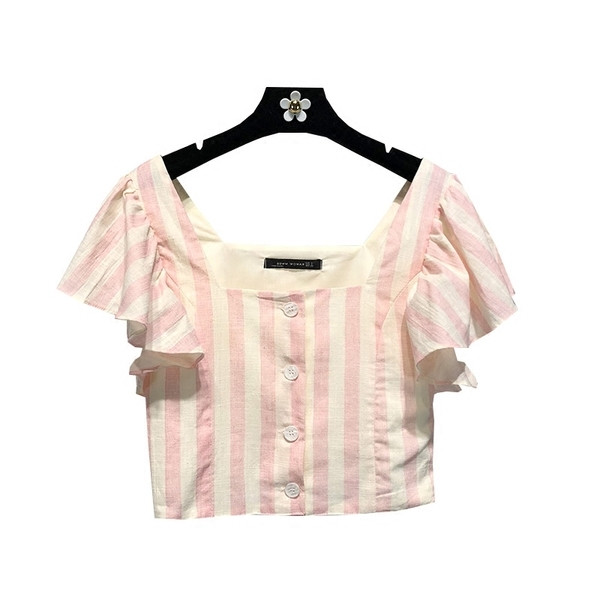 Rövid csíkos női póló vágott rövid ujjal