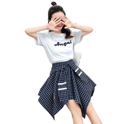 Set dama din doua parti - fusta in carouri si tricou cu maneci scurte in trei culori