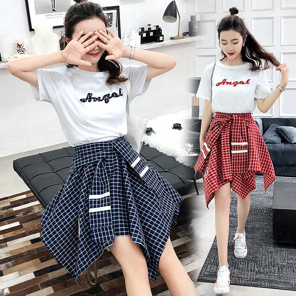 Set dama din doua parti - fusta in carouri si tricou cu maneci scurte in trei culori