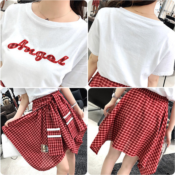 Set dama din doua parti - fusta in carouri si tricou cu maneci scurte in trei culori