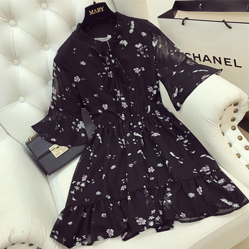 Κομψό γυναικείο φόρεμα σε ροζ και μαύρο χρώμα με floral μοτίβα