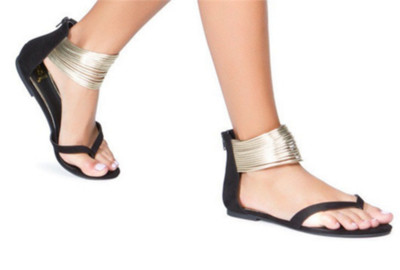 Sandale plate de damă în albastru și negru