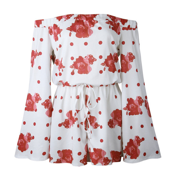 Salopetă elegantă de vară cu umerii goi, în alb, cu motiv floral