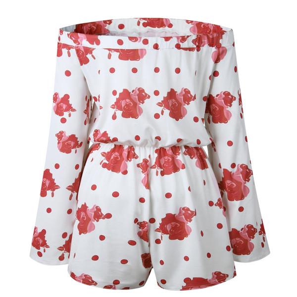 Salopetă elegantă de vară cu umerii goi, în alb, cu motiv floral