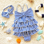 Παιδικό ολόσωμο μαγιό με  λουρίδες  και με κορδέλα και αξεσουάρ