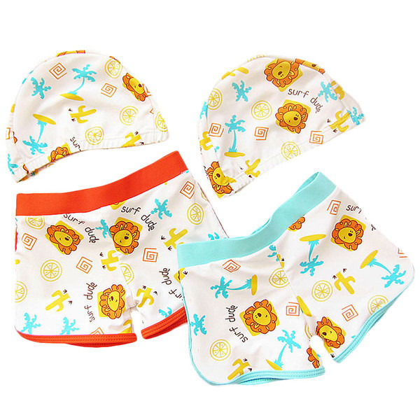 Costum de baie pentru baieti pentru copii cu imprimeu in doua culori cu casca de inot