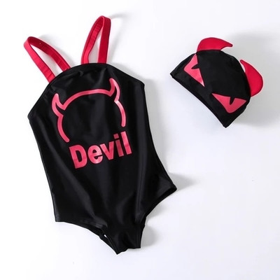 Costum de baie complet pentru fete pentru copii cu inscripție în alb și negru