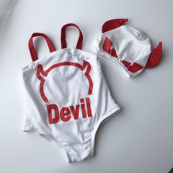 Costum de baie complet pentru fete pentru copii cu inscripție în alb și negru