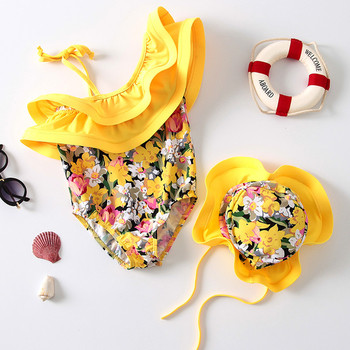 Μοντέρνο παιδικό μαγιό για κορίτσια σε floral μοτίβα με καπέλο