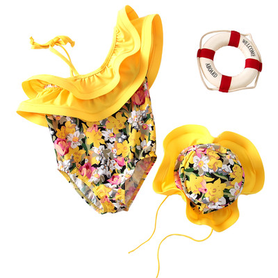Μοντέρνο παιδικό μαγιό για κορίτσια σε floral μοτίβα με καπέλο