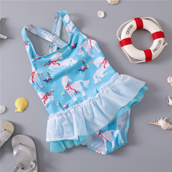 Costum de baie complet pentru fete, elegant, pentru copii, în albastru, cu imprimeu și tul