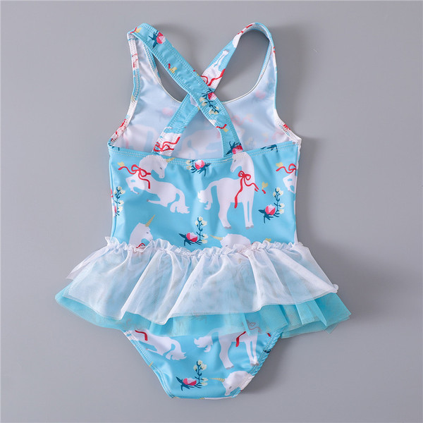 Costum de baie complet pentru fete, elegant, pentru copii, în albastru, cu imprimeu și tul