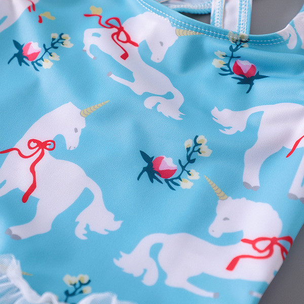 Costum de baie complet pentru fete, elegant, pentru copii, în albastru, cu imprimeu și tul