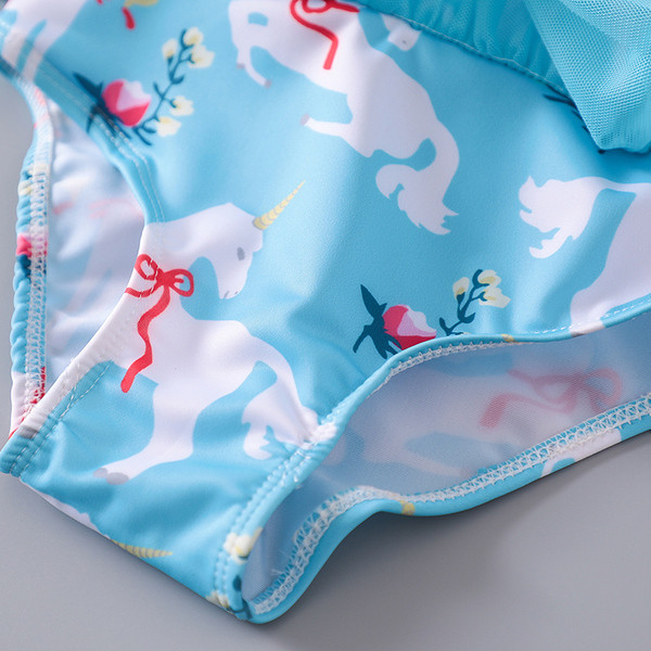 Costum de baie complet pentru fete, elegant, pentru copii, în albastru, cu imprimeu și tul