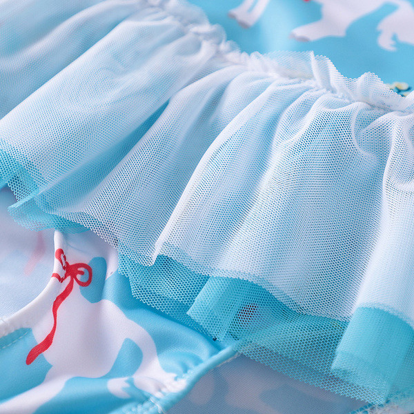 Costum de baie complet pentru fete, elegant, pentru copii, în albastru, cu imprimeu și tul