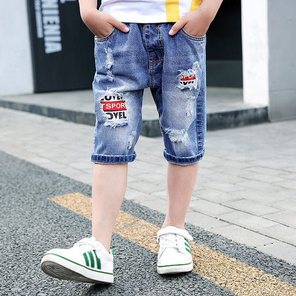 Blugi copii moderni 3/4 cu talie inalta de culoare inchisa cu petice si motive rupte