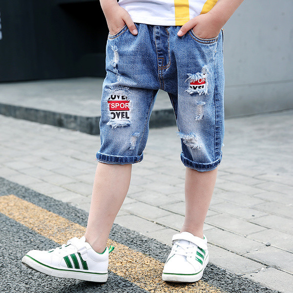 Blugi copii moderni 3/4 cu talie inalta de culoare inchisa cu petice si motive rupte