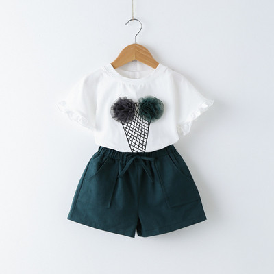 Set de vara copii - Tricou cu dantela si decor 3D si pantaloni scurti