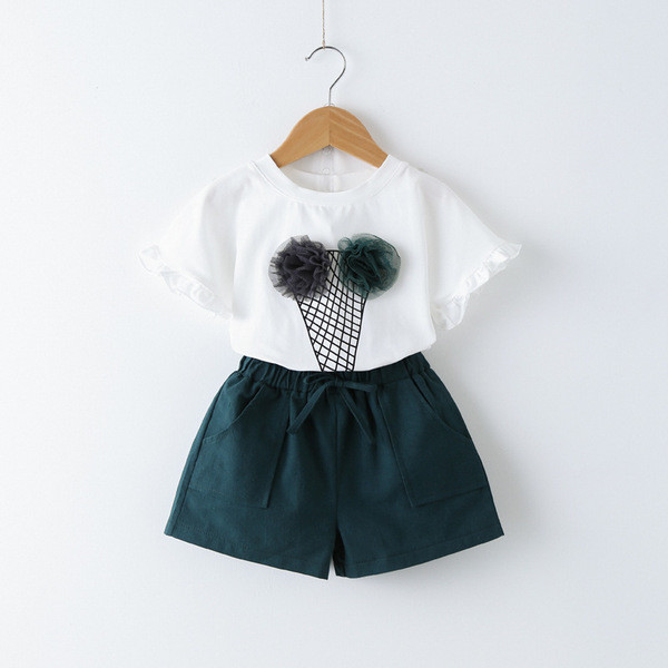 Set de vara copii - Tricou cu dantela si decor 3D si pantaloni scurti