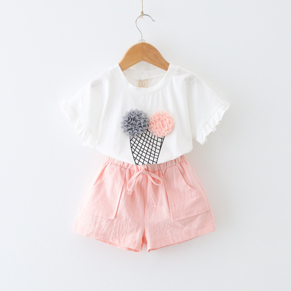 Set de vara copii - Tricou cu dantela si decor 3D si pantaloni scurti