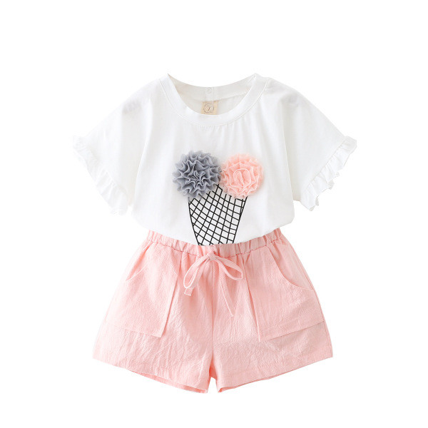 Set de vara copii - Tricou cu dantela si decor 3D si pantaloni scurti