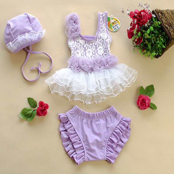 Costum de baie pentru copii in doua parti in mai multe culori cu dantela si volane