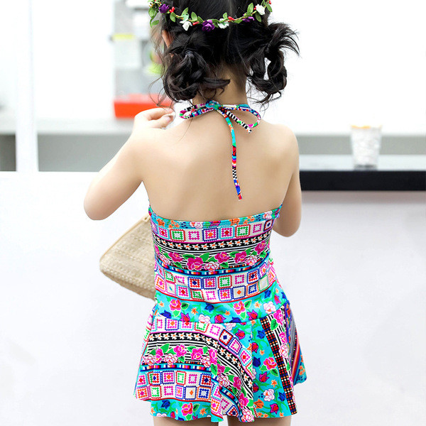 Costum de baie intreg pentru copii in culori vii cu motive etnice