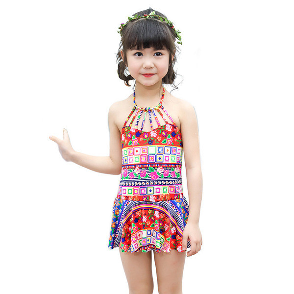 Costum de baie intreg pentru copii in culori vii cu motive etnice