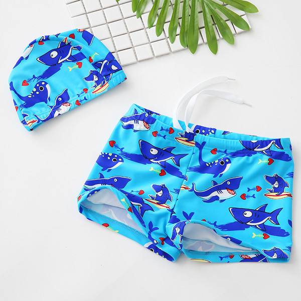Детски бански за момчета в син цвят с апликация акули